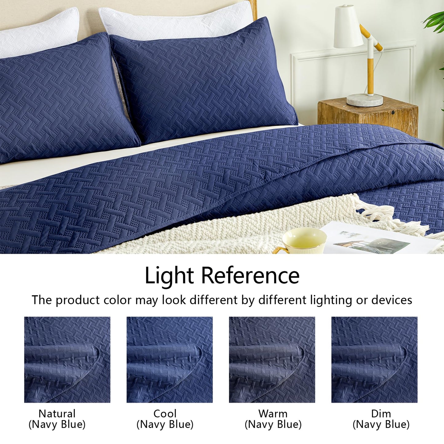 FLYMME Quilts Queen Size - Ultra Soft Navy Blue Quilt Lightweight Microfiber Bedspreads, Classic Basket Weave Pattern Bedspread Bed Coverlet 3 Pieces for All-Season (1 Quilt, 2 Pillow Shams)