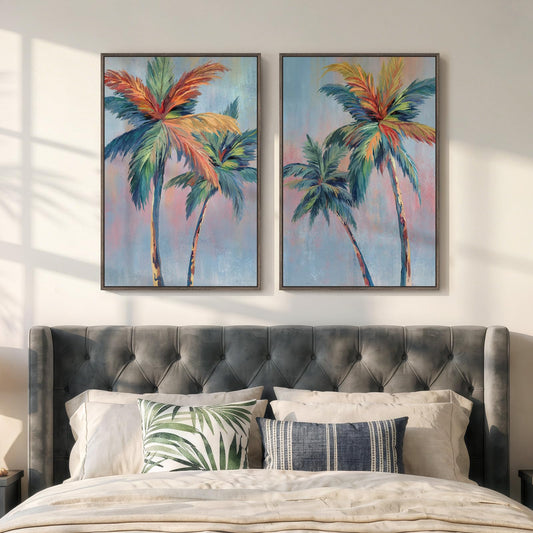 Framed Colorful Coastal Palm Tree Wall Art Bedroom, Set of 2 Tropical Beach Canvas Prints Artwork for Walls, Large Pop Art Coastal Paintings Pictures for Living Room Hallway Wall Art Decor, 20x30 Inch