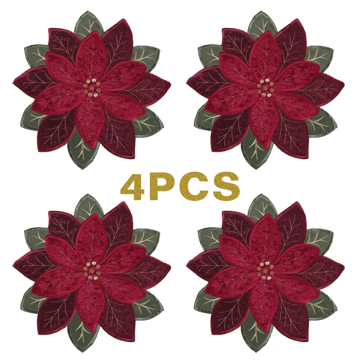 OWENIE Christmas Placemats Set of 4, Poinsettia Table Mats with Embroidered and Applique Velvet Fabric, 16 Inch x 16 Inch Diecut Placemat for XMAS Holiday Tabletop, Round Doilies for Dining Table, Red