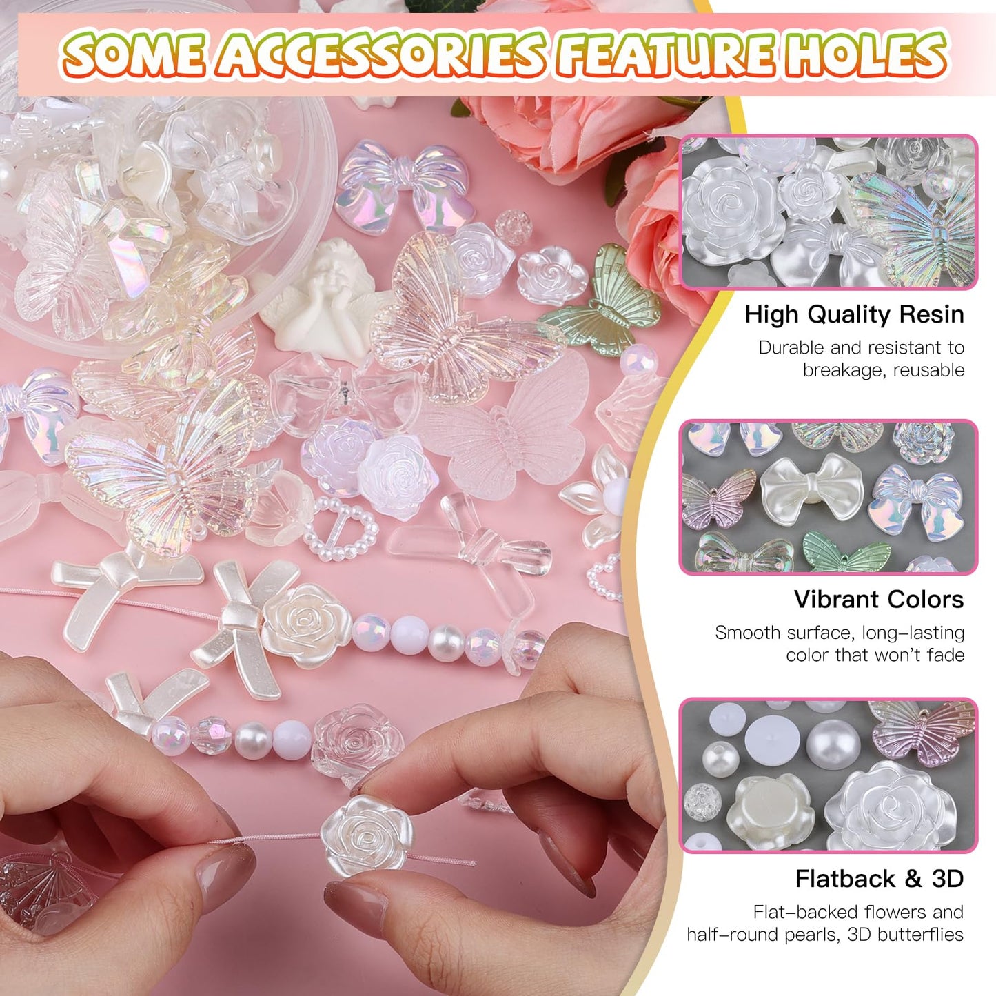 Kikonoke 350 Pieces 3D Resin Rose Flower Bows Butterfly Embellishments Angel Charms Picture Frame with Flatback Pearl Beads for Craft DIY Making Supplies (White)