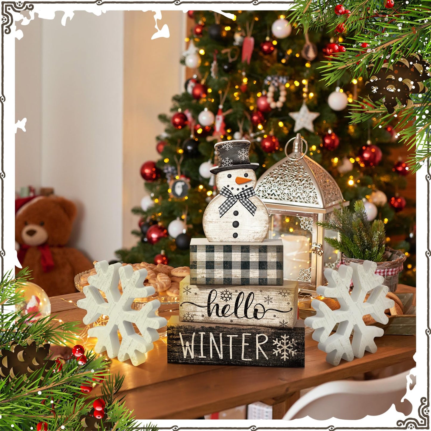Colingmill 6 Pcs Snowman Christmas Decor Winter Table Decorations Winter Tiered Tray Decor Wooden Snowman Snowflake Signs Christmas Table Centerpiece for Farmhouse Home Kitchen Shelf Office Decoration