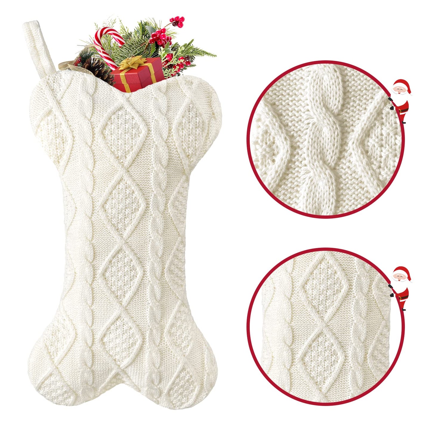 Malier Dog Christmas Stocking, Knit White Christmas Stocking for Dogs, Bone Shape Dog Stocking Christmas Large Pet Stockings Hanging Dog Christmas Stocking for Dogs Cats Pets (White)