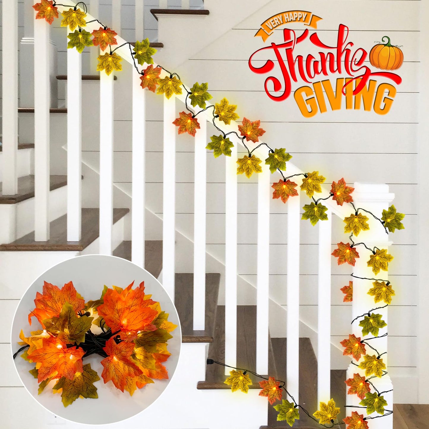 SUNSGNE 13.6FT Fall Lights Thanksgiving String Lights, 35LED Orange Yellow Green Maple Leaf String Lights for Thanksgiving Autumn Halloween Party Indoor Bedroom Home Decor