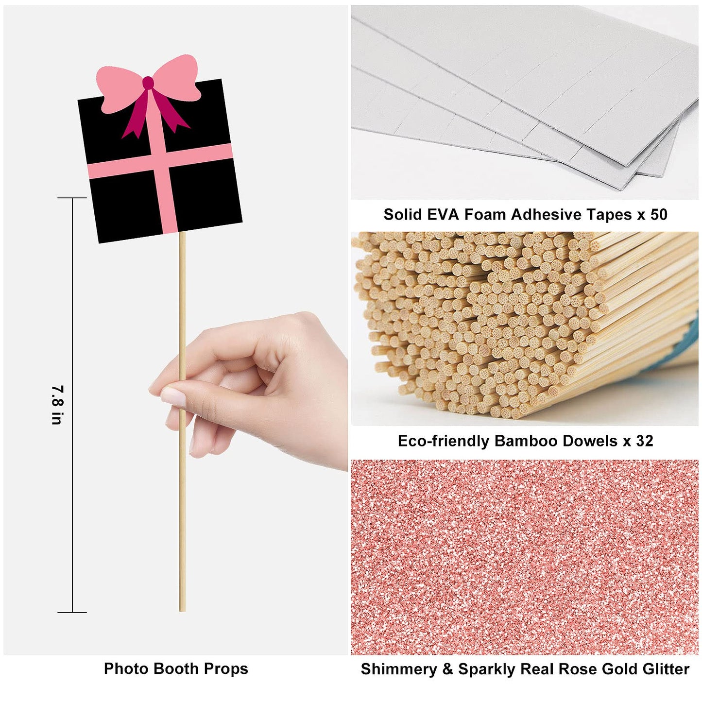 Birthday Photo Booth Props Kit - Happy Birthday Party Favors Supplies Bday Party Decoration Set with Real Glitter Cute Bday Designs for Women - Easy to Assemble 30 Pieces (Rose Gold)