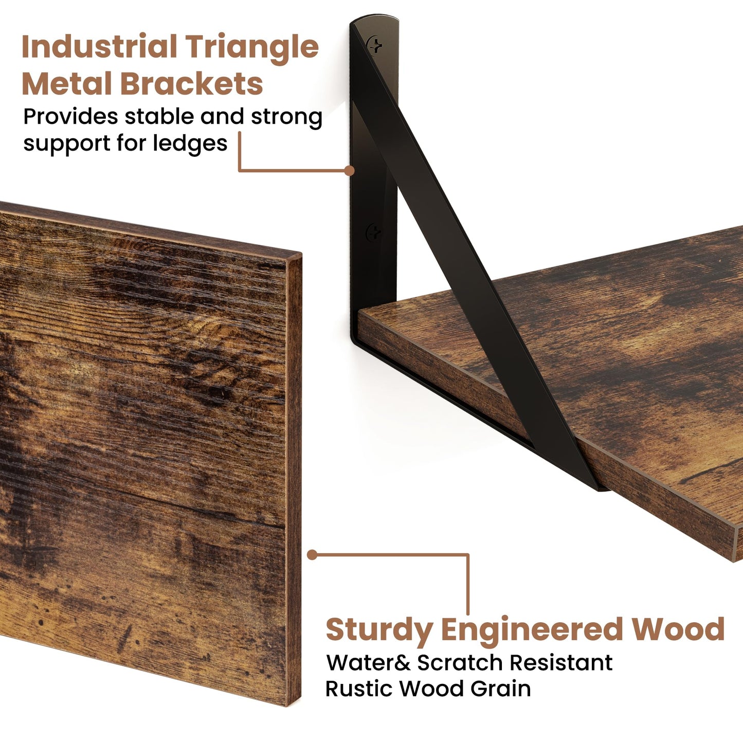 Axeman Floating Shelves for Wall, 8 Inch Deep Brown Wall Shelves Set of 2, 16''W x 8''D Rustic Brown Wood Shelves for Bookshelf Living Room Bedroom Home Office Bathroom