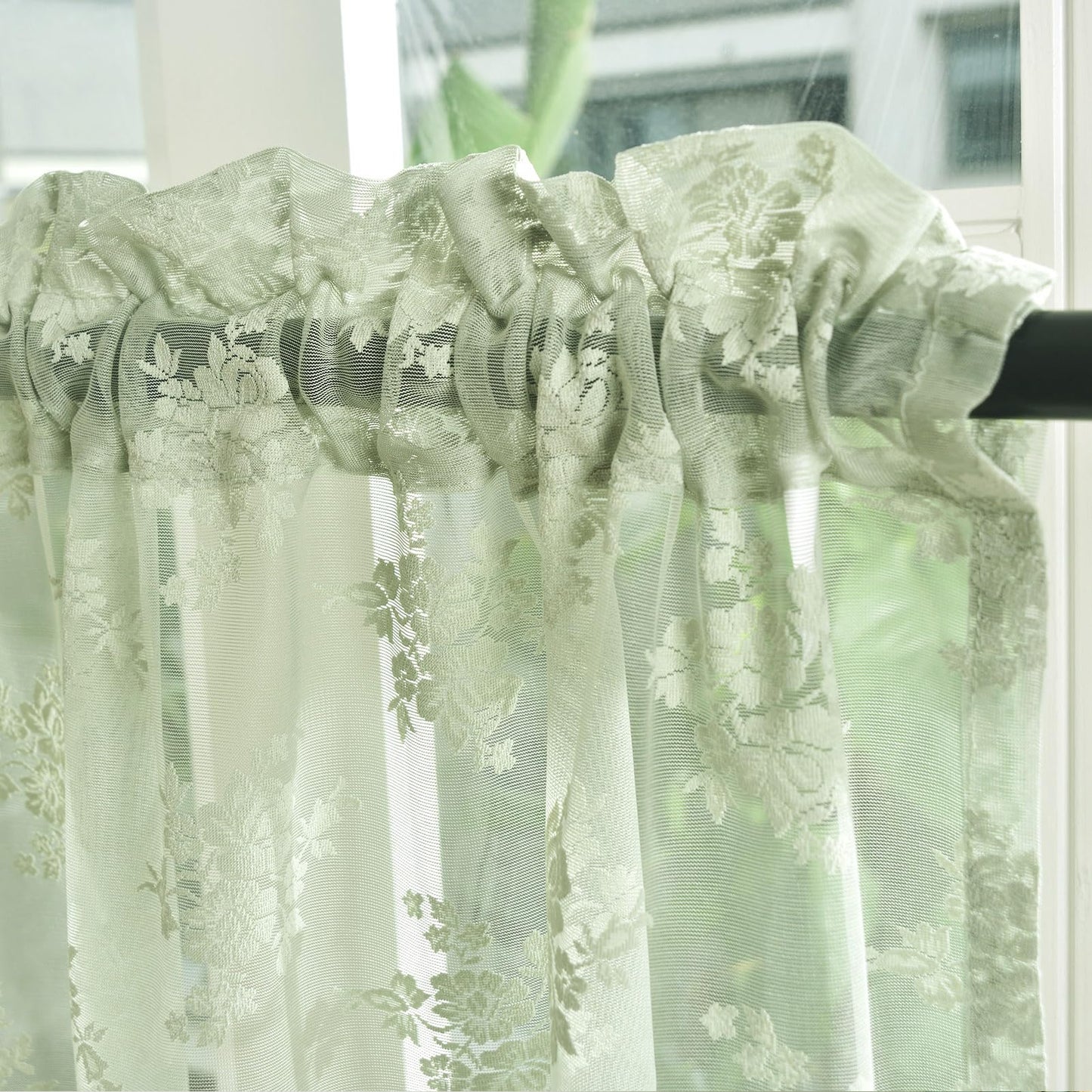 Kotile Light Sage Green Sheer Valance Curtain for Windows, Rustic Floral Muted Green Window Lace Curtain 18 Inch Length, Rod Pocket Light Filtering Valance, 52W x 18L Inch, 1 Panel