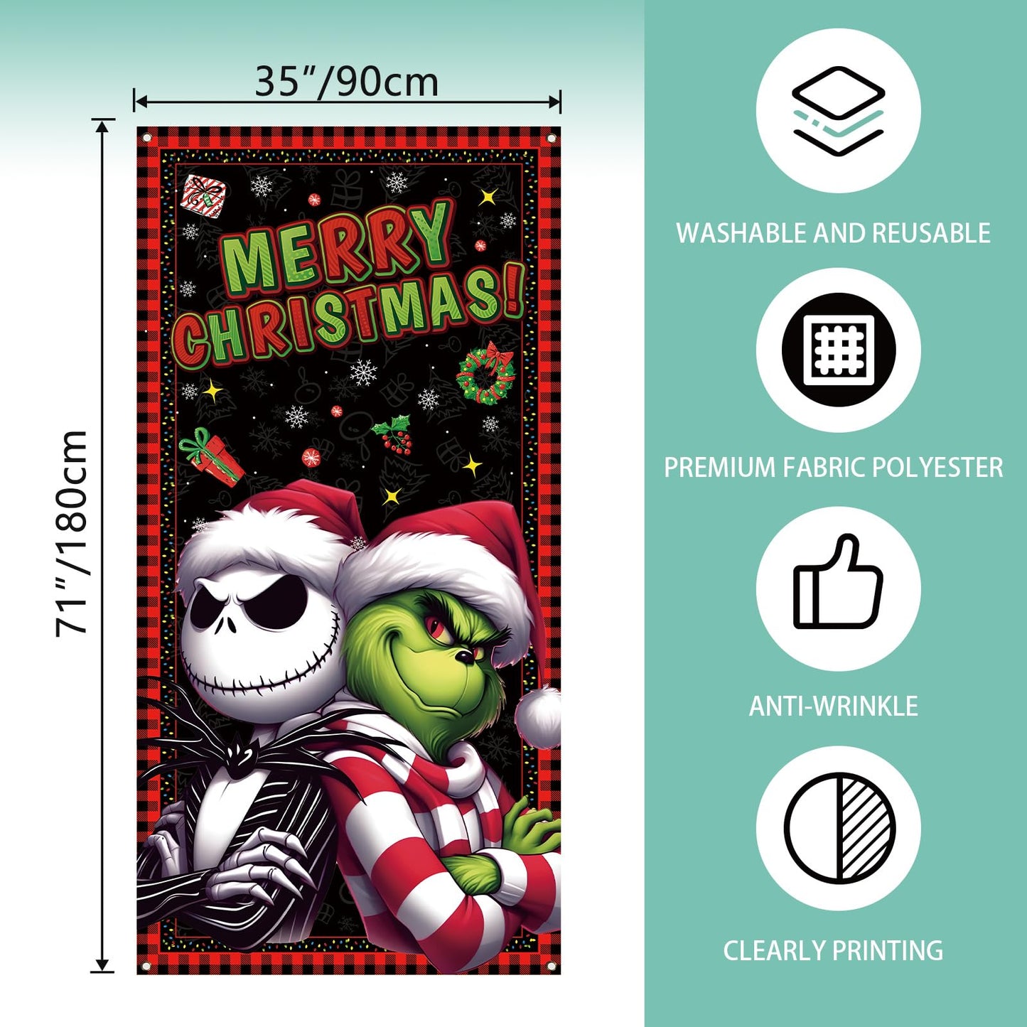 Merry Christmas Door Cover Christmas Photo Backdrop Xmas Winter Holiday Party Decorations and Supplies for Home-71×35''