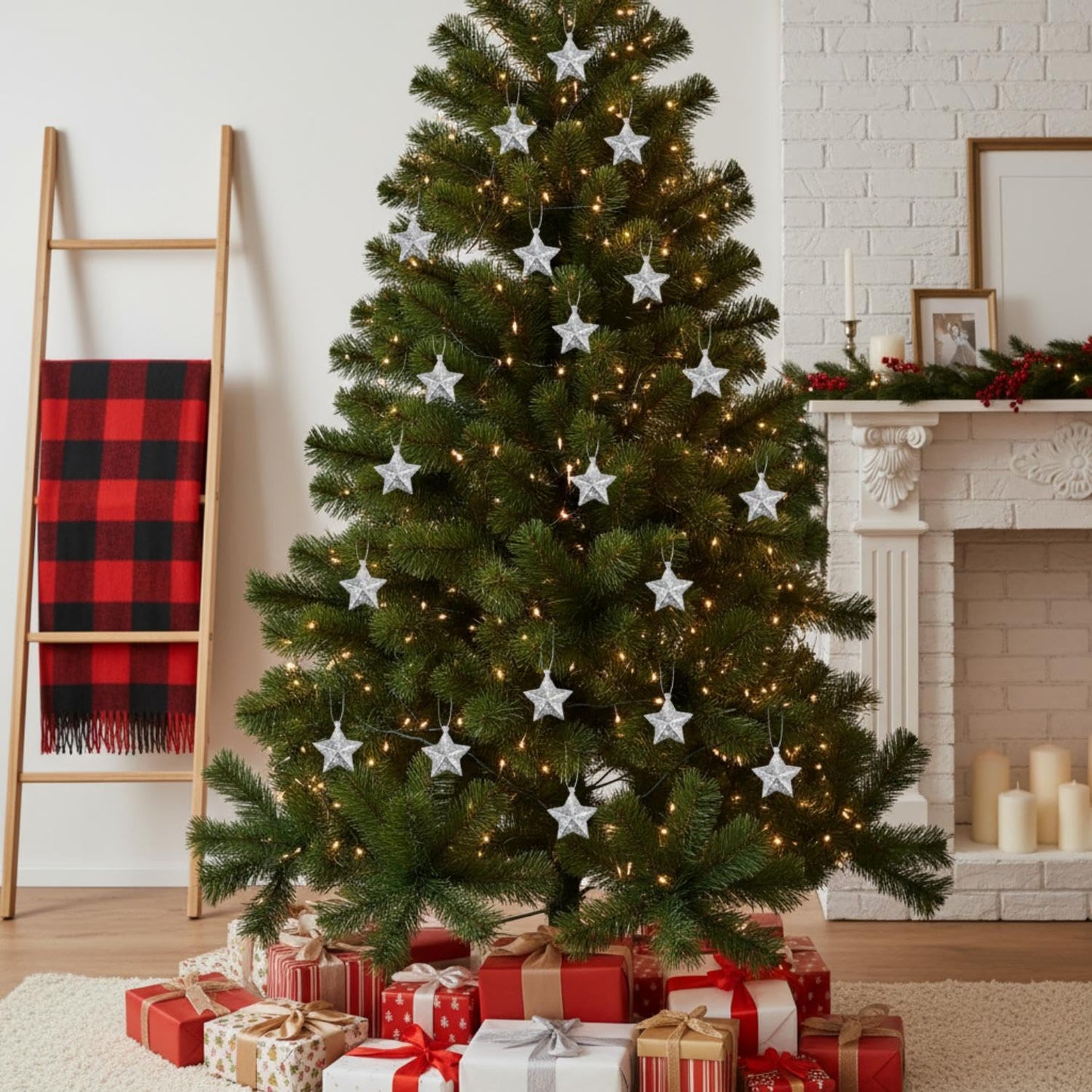 Shappy 48 Pcs Glitter Star Ornaments Christmas Tree Mini Hanging Stars Christmas Decorations Plastic Festive Embellishments for Holiday Party Weddings Home Decoration (Silver)