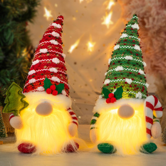 Christmas Gnome Decorations Indoor 11.4inch Light Up Christmas Gnomes Plush Home Decor Leprechaun Hold Candy Cane Ornaments with LED Lights Elf Tiered Tray Xmas Gifts Decor (Set of 2)