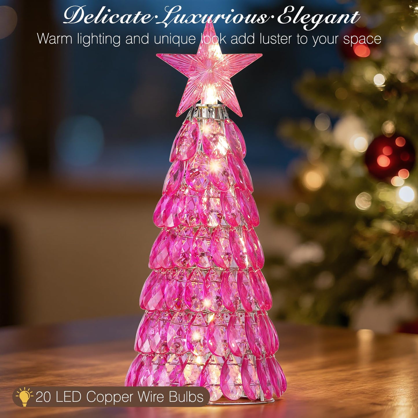 Lewondr Christmas Tree Lamp, 12 Inch Battery Powered Crystal Tabletop Lighted Christmas Decorative Light LED Lamp, Luxury Handmade Glittering Xmas Tree Table Decoration for Home Party Gift, Pink