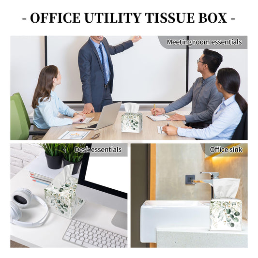 Eucalyptus Leaves and Flowers Tissue Box Cover Square,Watercolor Green Leaves Branches Tissue Box Holder Waterproof Leather Facial Paper Organizer Dispenser for Bathroom Home Car Nightstand Vanity