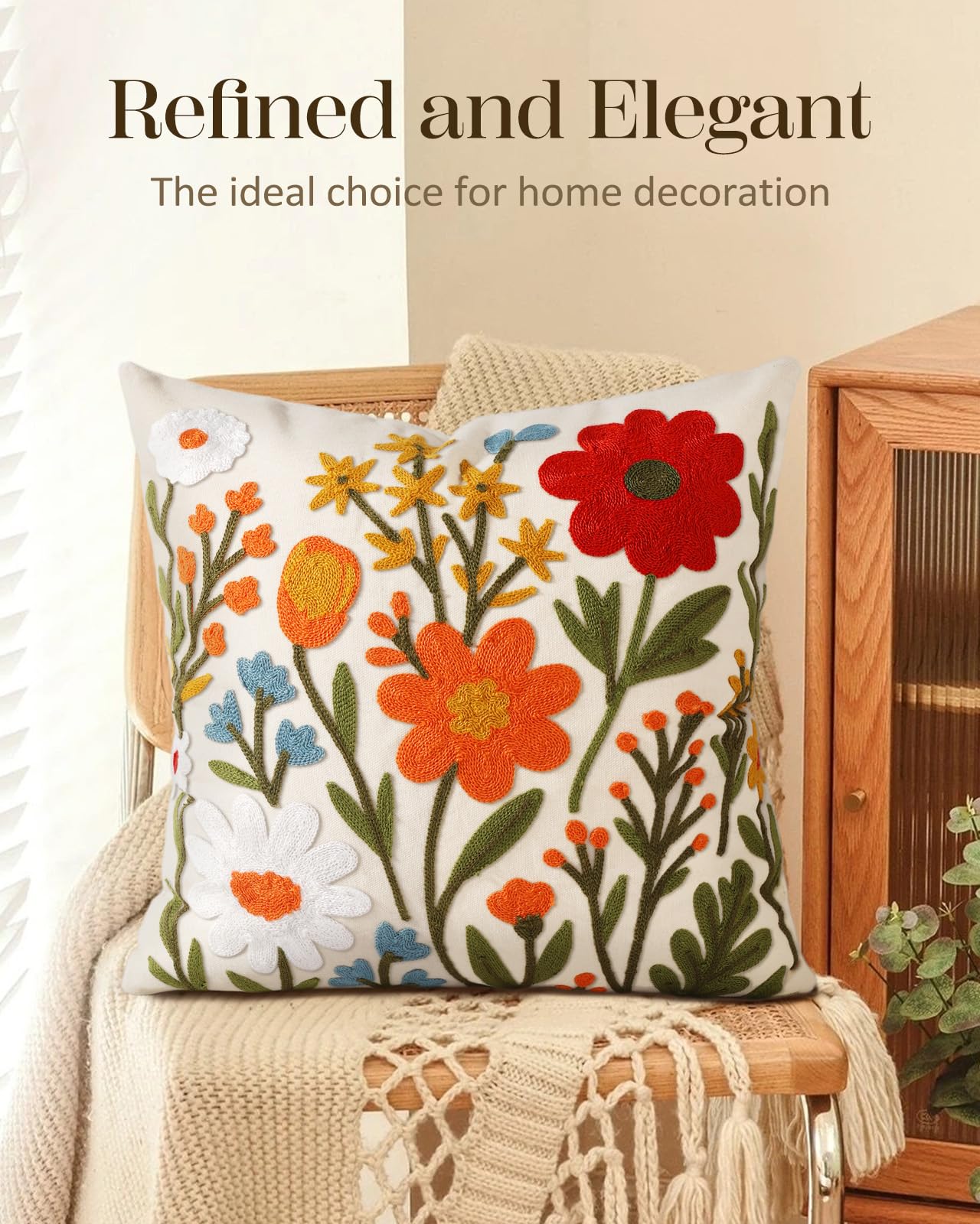 Kokaaee Embroidered Throw Pillow Cover 18x18 Inch - Spring Summer Boho Decorative Pillow Cover with Zipper for Living Room Couch Sofa Bed Aesthetic Design Flower Cluster Cushion Pillowcase