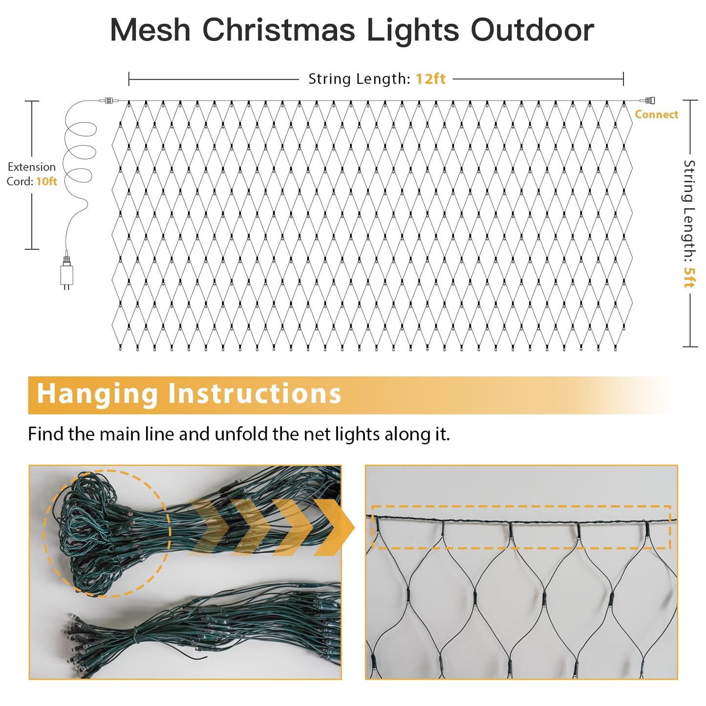 suddus 360 LED Christmas Net Light, Net Lights Outdoor,12ft x 5ft Bush Lights Outdoor Waterproof Connectable Green Wire for Bushes, Lamn, Trees, Christmas Decoration, Warm White