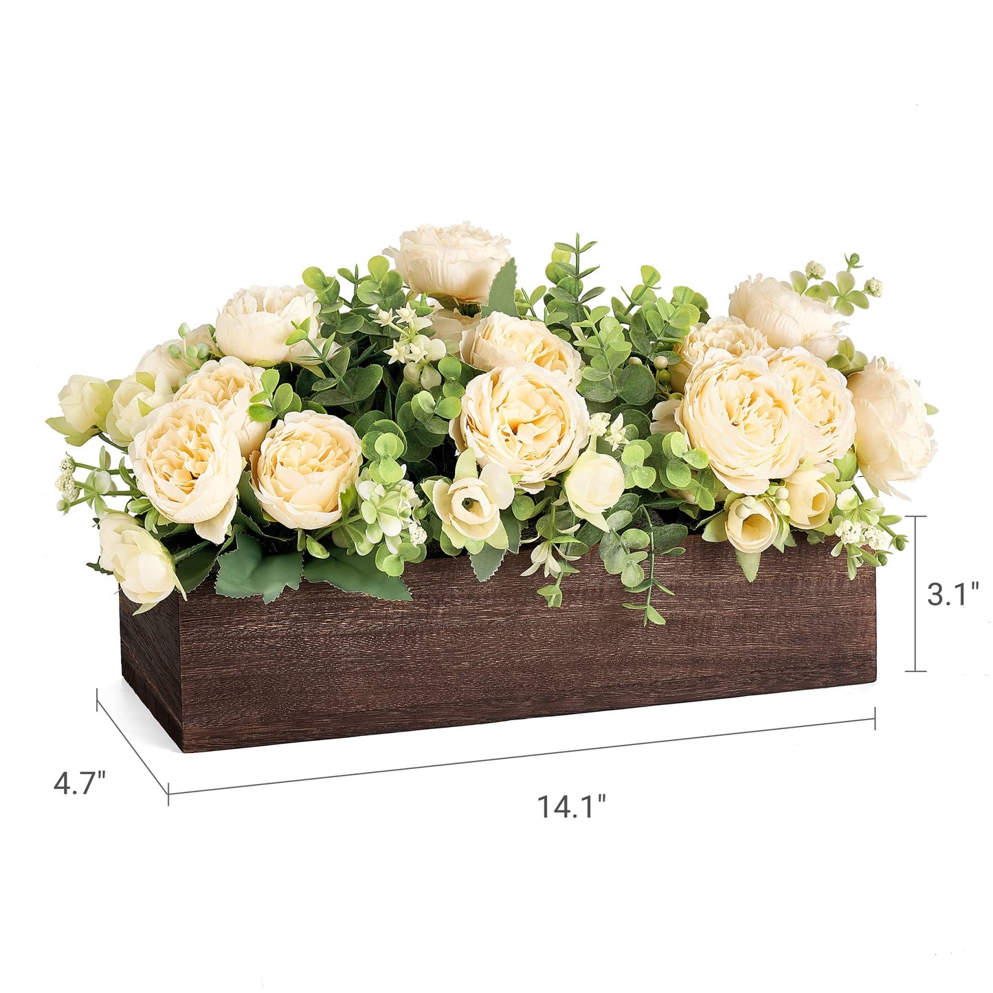 Dahey Centerpiece Table Decorations for Dining Room Farmhouse Table Centerpieces Decor Wood Tray with 3 Artificial Flowers and 2 Eucalyptus for Living Room Kitchen Table, 14.1" x 4.7" x 3.1"