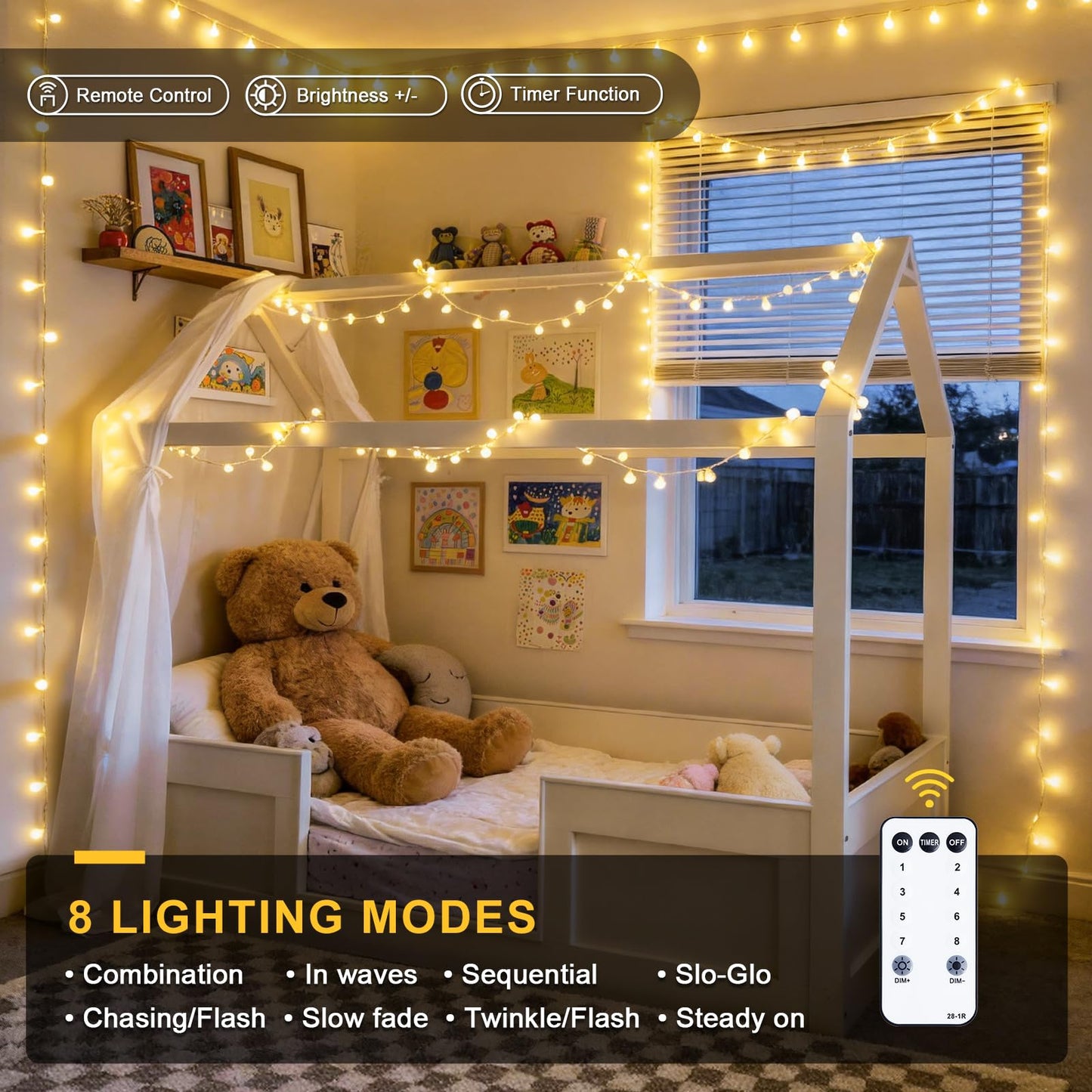 JMEXSUSS 100 LED Connectable Globe String Lights Indoor Bedroom, 33ft Warm White Christmas Lights Plug in with Remote, 8 Modes Hanging Fairy Light Outdoor for Room Classroom Party Spring Home Decor