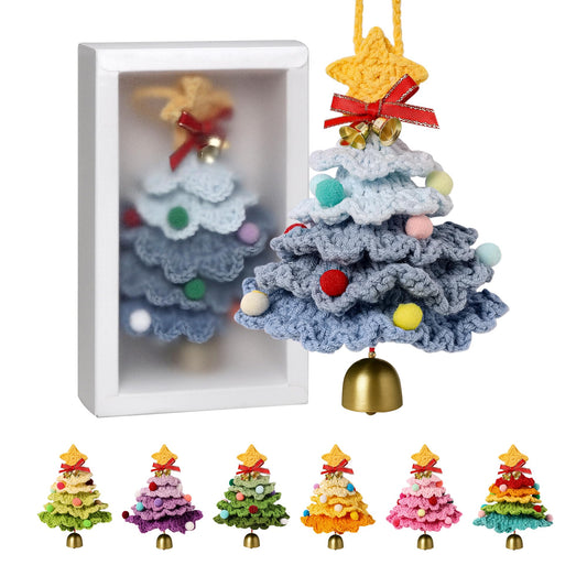 JSSTEM Handmade Crochet Christmas Tree, Hand-Knitted Ornaments Car Pendant with Bells, Stars, Bows & Pom Poms, Cotton Xmas Decor for Holiday Tree, Festive Gift, Home, Car and Party Decor, Blue