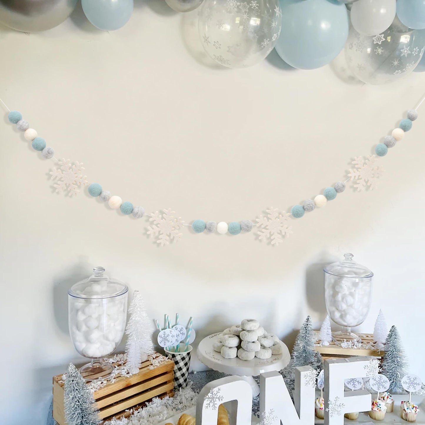 Snowflake Felt Ball Garland - Winter Birthday Home Decorations,Frozen Snowflake Garland Photo Props,Winter Wonderland Felt Ball Banner,Felt Snowflake Mantel Wall Hanging Decoration