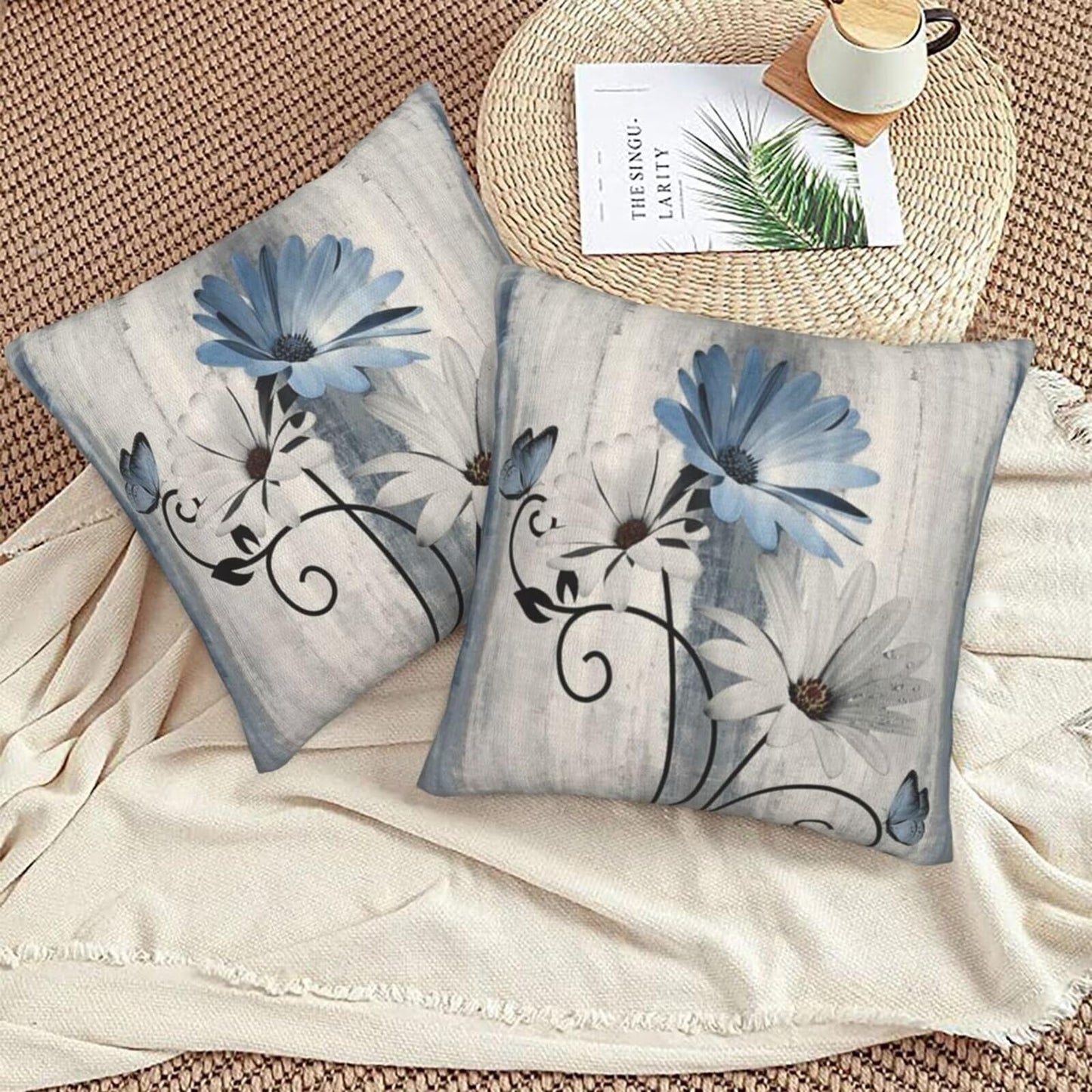 Sunshineyan Baby Blue Floral Pillow Covers 20 x 20 Inch Set of 2 Daisy Floral Butterfly Decorative Throw Pillow Covers Linen Rustic Farmhouse Cushion Cases for Home Sofa Couch Living Room Decor