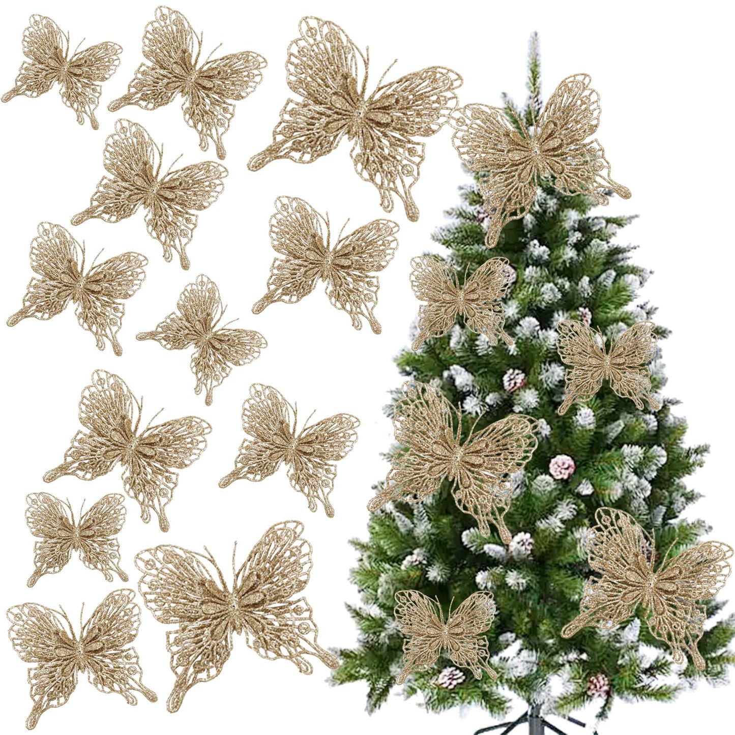 Butterfly Decorations Champagne Gold Glitter Christmas Tree Butterfly Ornaments Artificial Butterflies with Clip & Stem for Xmas Party Wreath Garland Decor - 12-Pack 5inch 3D Hollow Butterflies