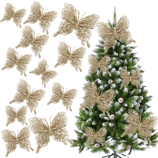 Butterfly Decorations Champagne Gold Glitter Christmas Tree Butterfly Ornaments Artificial Butterflies with Clip & Stem for Xmas Party Wreath Garland Decor - 12-Pack 5inch 3D Hollow Butterflies
