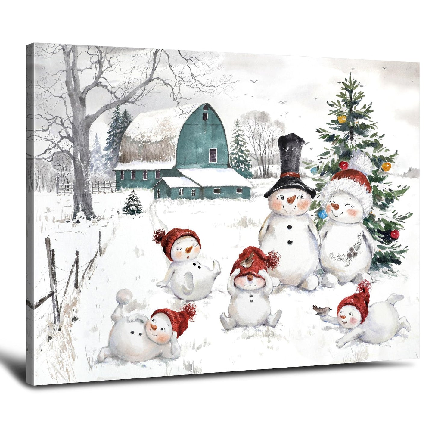 Snowman Christmas Pictures Wall Decor: Christmas Canvas Wall Art Winter Snowman Family Poster Blue Barn Prints Paintings Farmhouse Christmas Decorations for Home Bedroom Living Room 10" x 12"