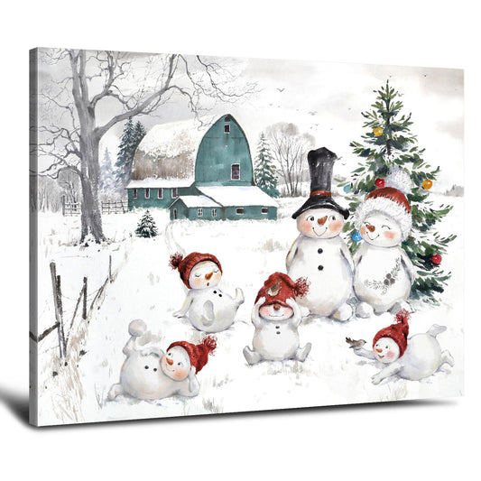 Snowman Christmas Pictures Wall Decor: Christmas Canvas Wall Art Winter Snowman Family Poster Blue Barn Prints Paintings Farmhouse Christmas Decorations for Home Bedroom Living Room 10" x 12"