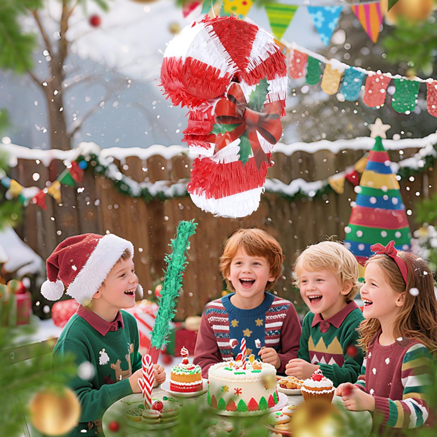 Birchio Christmas Candy Cane Pinatas Bundle with a Blindfold and Bat (Small Size 17x11x4 Inches), Holiday Theme Piñata, Christmas Party Supplies, Xmas Piñata, Party Decoration Games