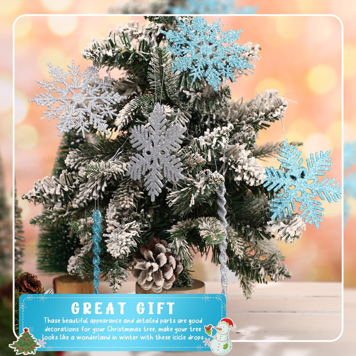 Deekin 72 Pieces Snowflake Icicle Ornaments for Christmas Tree Snowflake Twisted Icicles Glitter Hanging Decorations for Winter Xmas Tree New Year Party Supplies (Light Blue and Silver)