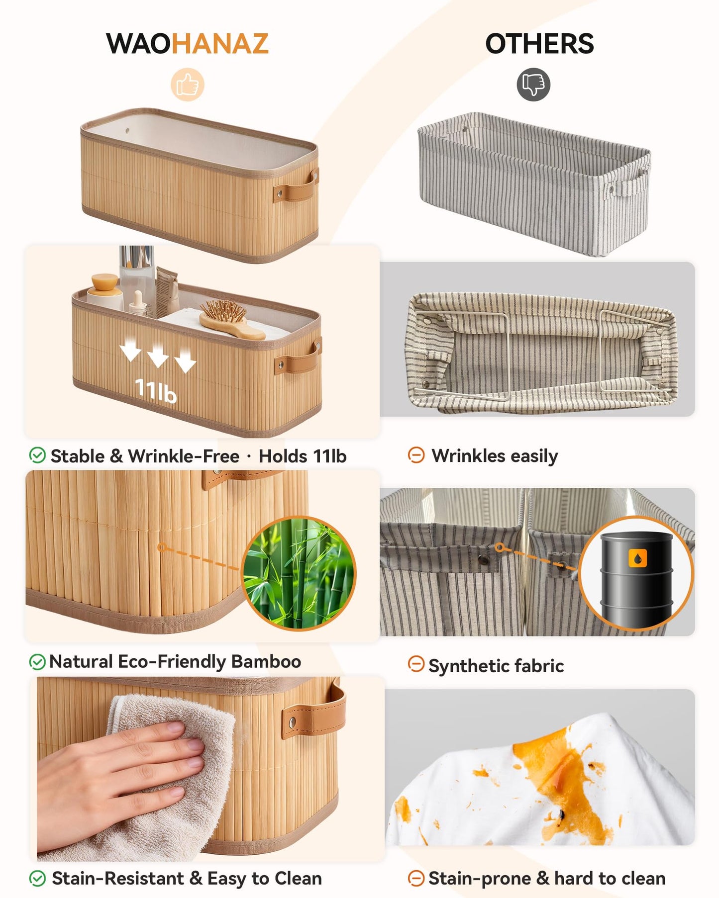 Narrow Storage Bins, Small Basket for Closet and Shelves, Bamboo Toilet Paper Storage Organizer with Handles for Countertop-Bathroom-Home Decor, 2-Pack