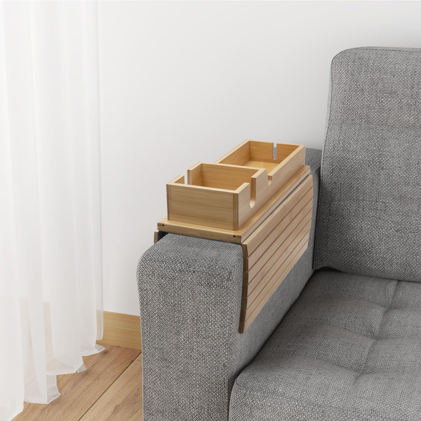 Bamboo Sofa Armrest Tray - Couch Arm Tray with Detachable Couch Cup Holder - 2 in 1 Anti-Slip Foldable Sofa Armchair Caddy Table - Cup Holder for Drinks Cellphone Snacks, Remote