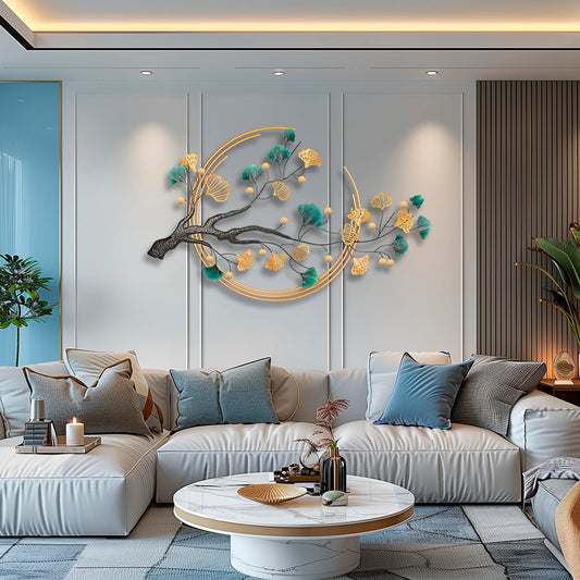 QXSXKJ 3D Metal Wall Art Decor for Living Room Large Modern Wall Sculptures Gold, 59'' Metal Wall-mounted Home Decoration, Creative Ginkgo Décor for Living Room Dining Room Bedroom (ginkgo leaf)