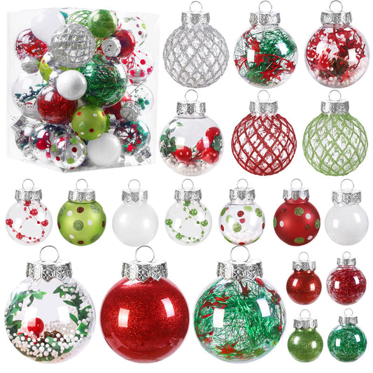 Teeanzo 30Pcs Clear Christmas Tree Ball Ornaments Set, Multi-Size Plastic Balls Red Green White Colorful Variety Shatterproof Ornaments with Hanging Loops for Xmas Tree Decoration Home Holiday Party