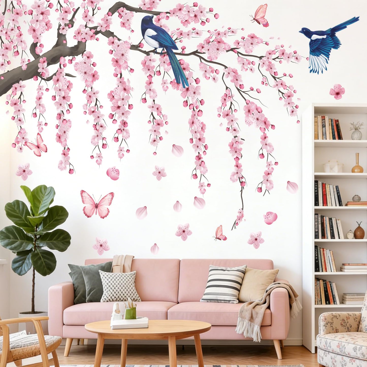 Cherry Blossom Wall Decals Stickers - Tree Floral Birds Wall Stickers Spring Pink Peel and Stick Wall Murals Decor for Living Room Bedroom