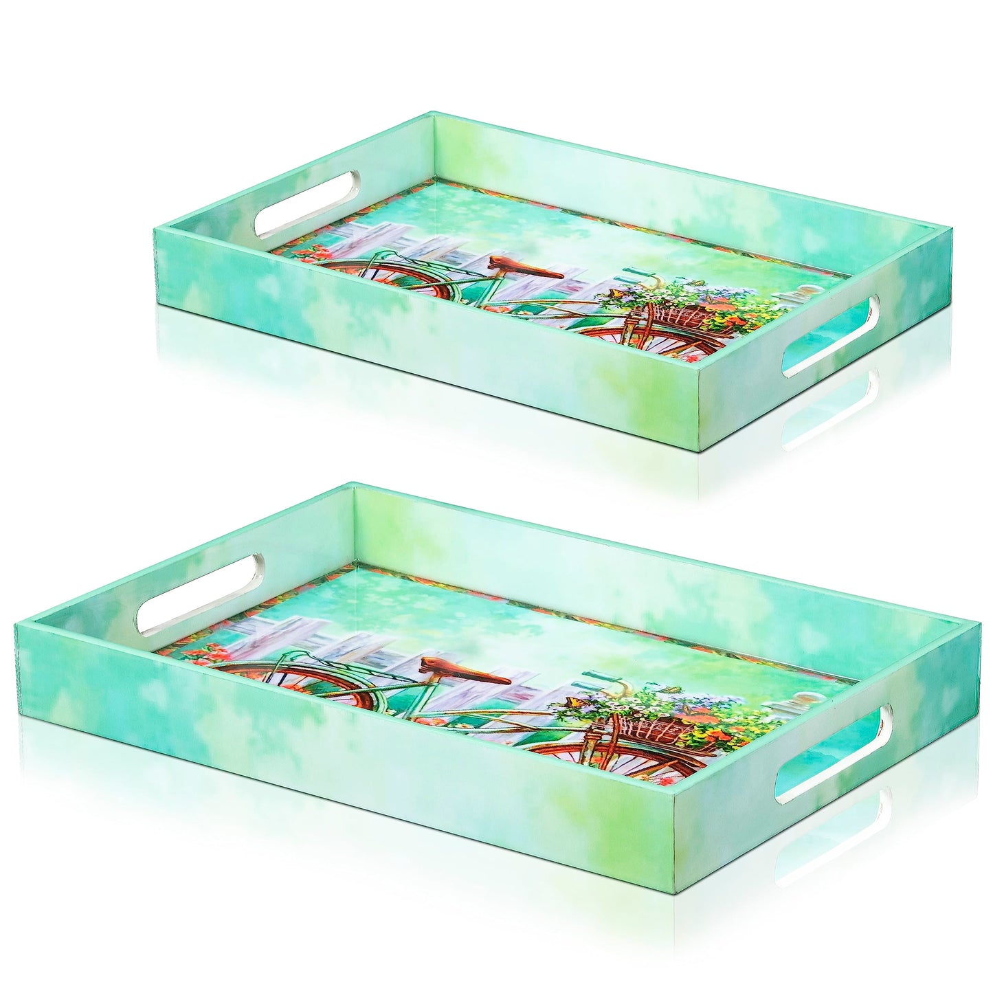 Crocon Wooden Serving Tray with Handles – Set of 2 Rectangular Trays – Cycle Print Decorative Trays for Coffee Table, Kitchen, and Home Décor