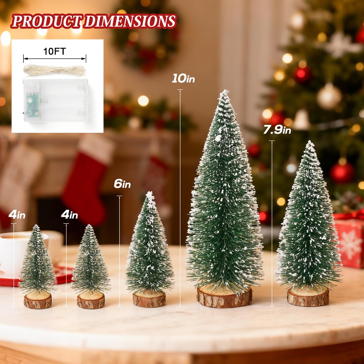 Mini Christmas Tree with Lights, Small Table Top Decorations, Desktop Miniature Pine Tree Xmas Holiday Decor Indoor Home, Bottle Brush Trees with Wooden Base, 5 Pcs with Light