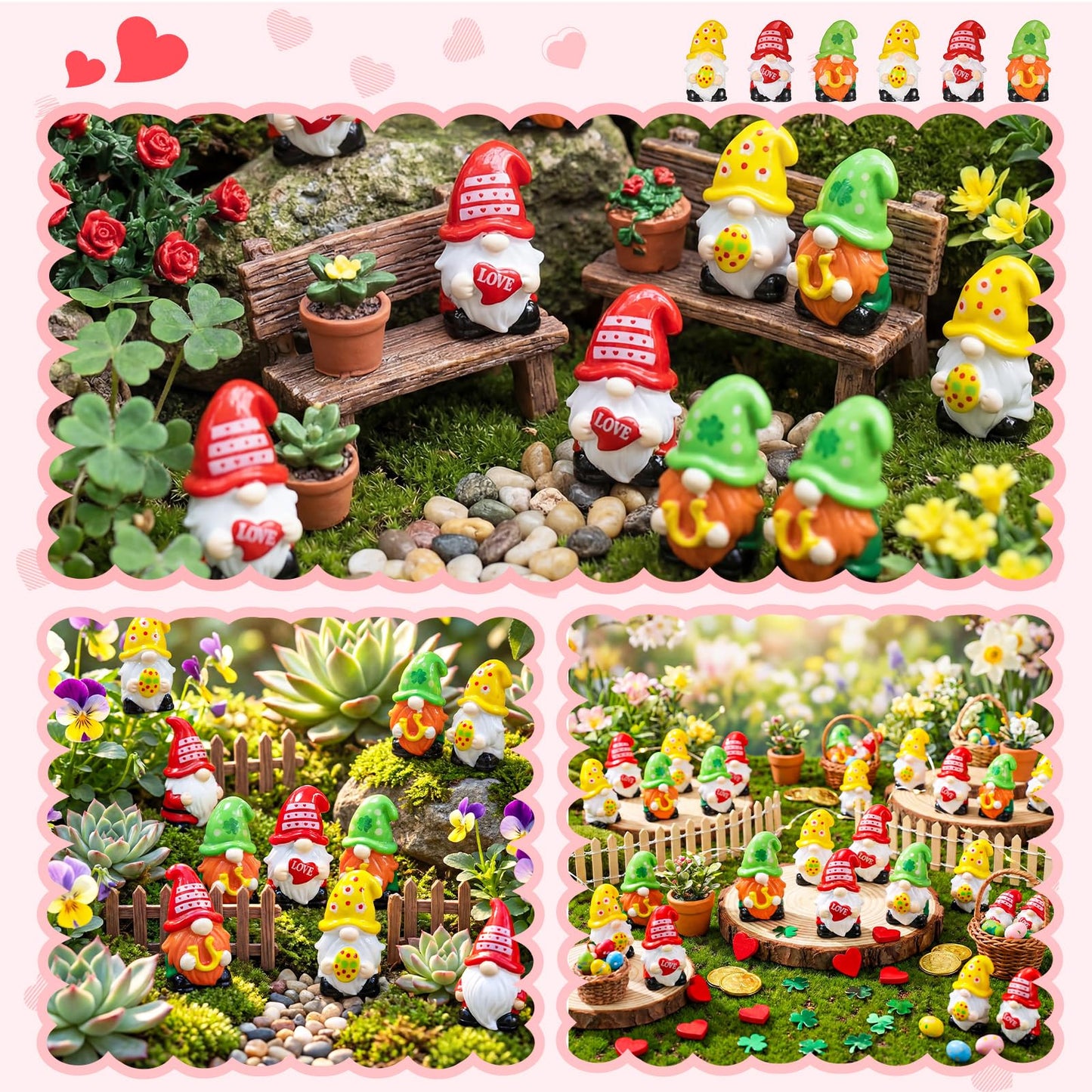 Qunclay 60 Pcs Mini Gnome Figurines, St. Patrick's Day and Easter Spring Decor, Shamrock Egg Heart Theme Resin Tabletop Ornaments for Tiered Tray, Home Table, Party Favors