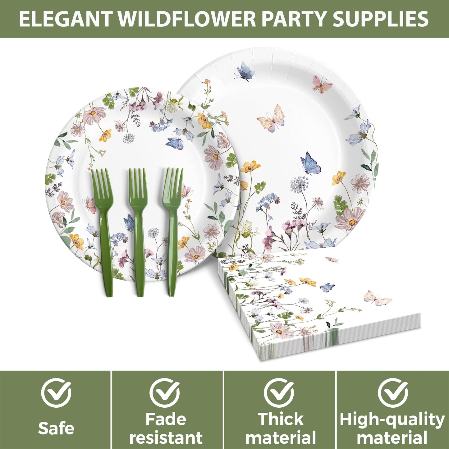 Audree 96 Pcs Wildflower Party Supplies, 24 set Disposable Paper Plates and Napkins for Party Baby Shower, Wedding, Birthday, Perfect for Guests Set Dinner and Dessert Plates, Napkins, Plastic Forks