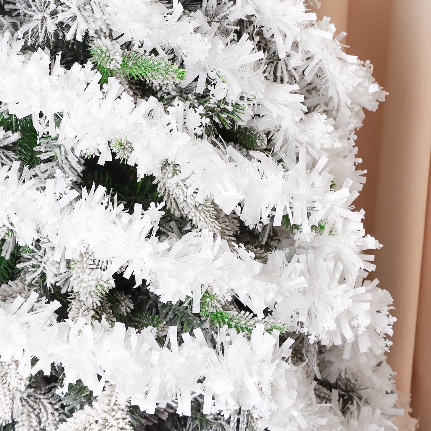 KIMOBER 32.8 Ft Christmas Tinsel Garland,White Metallic Garland with Snowflake for Christmas Tree Xmas Party Decorations