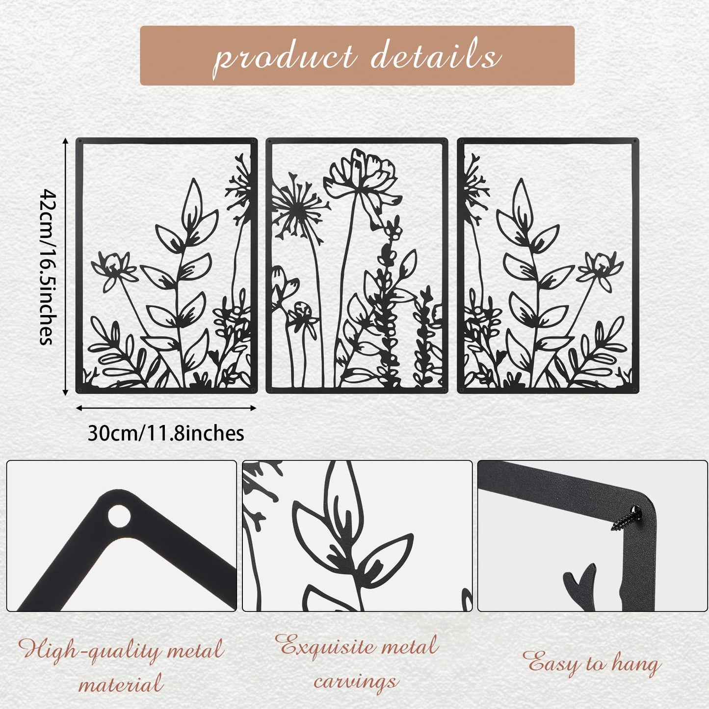 Therwen 3 Pcs Black Metal Wall Art Minimalist Wall Decor for Bedroom Flowers Decor Hanging Flower Bathroom Art Flower Line Sculpture Kitchen Decoration 16.5 x 9.8 Inch(Cute Style)