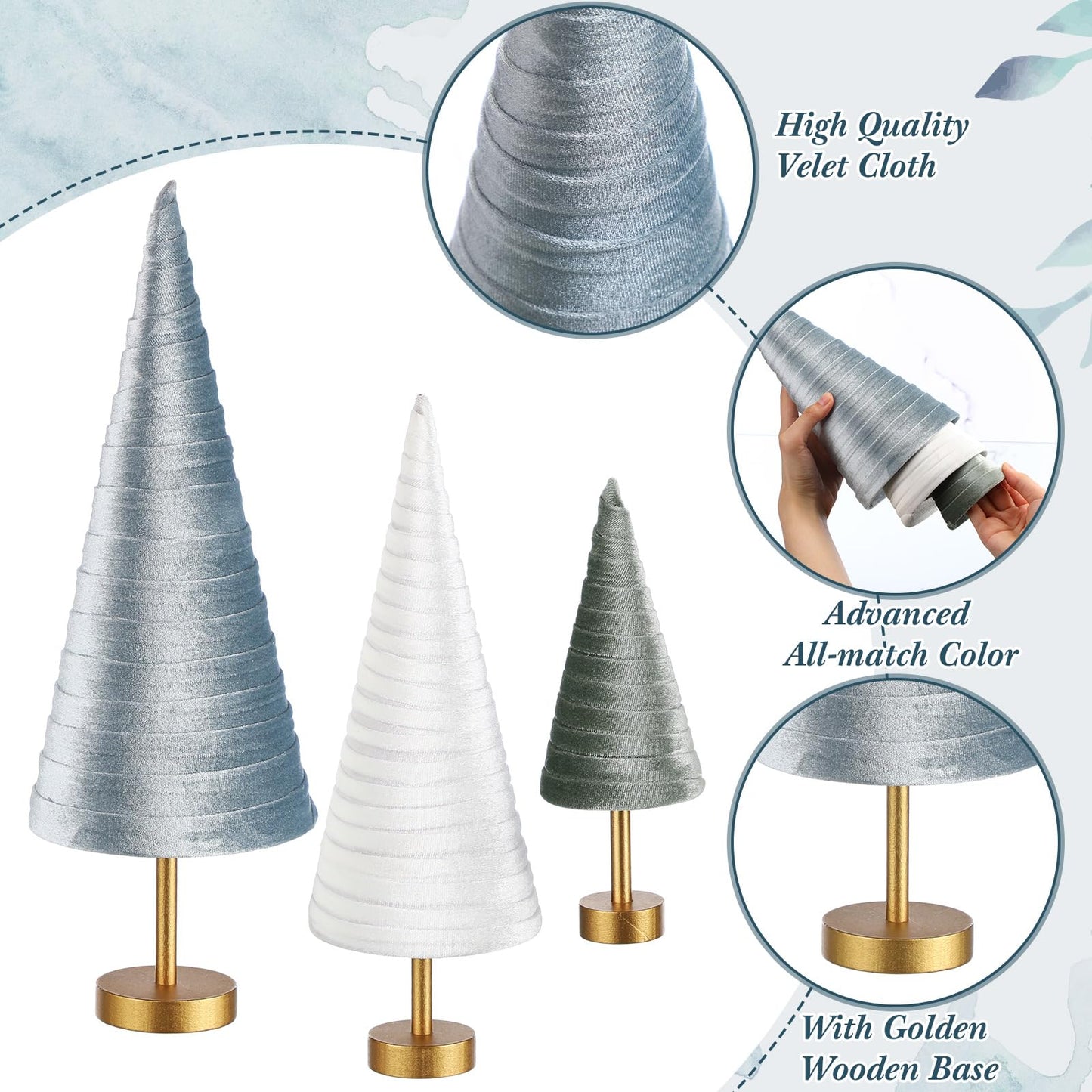 Hoolerry 6 Pcs Christmas Velvet Trees with Gold Pedestal Christmas Velvet Cones Tree Mantel Decor Modern Rustic Winter Home Minimalist for Holiday Entryway Table Wedding Centerpiece(Morandi)
