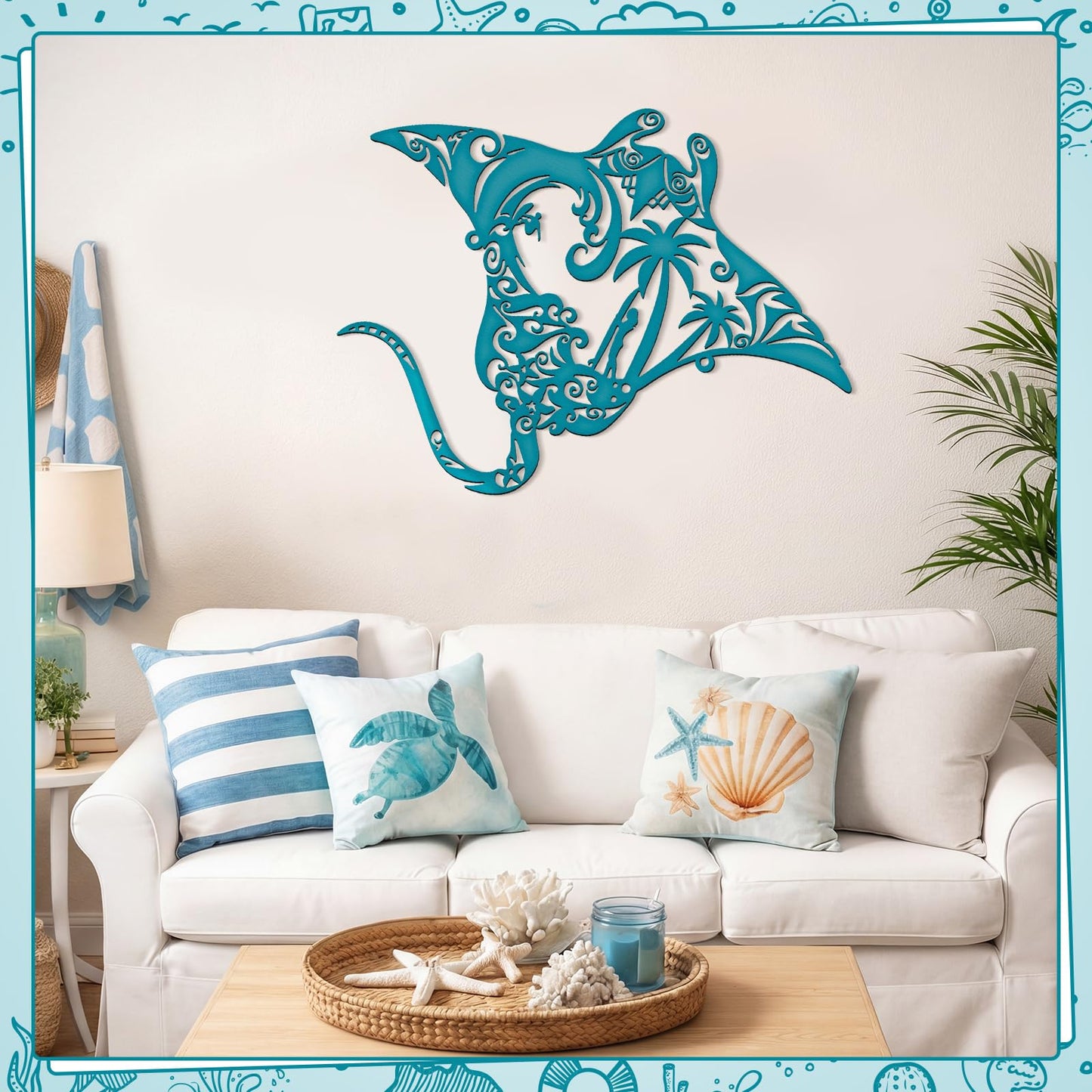 Pelopy Manta Ray Metal Wall Art 13.8inch Gradient Iron Ocean Fish Decor Coastal Ocean Sea Metal Fish Hanging Wall Art Decor for Coastal Farmhouse Beach Themed Rooms