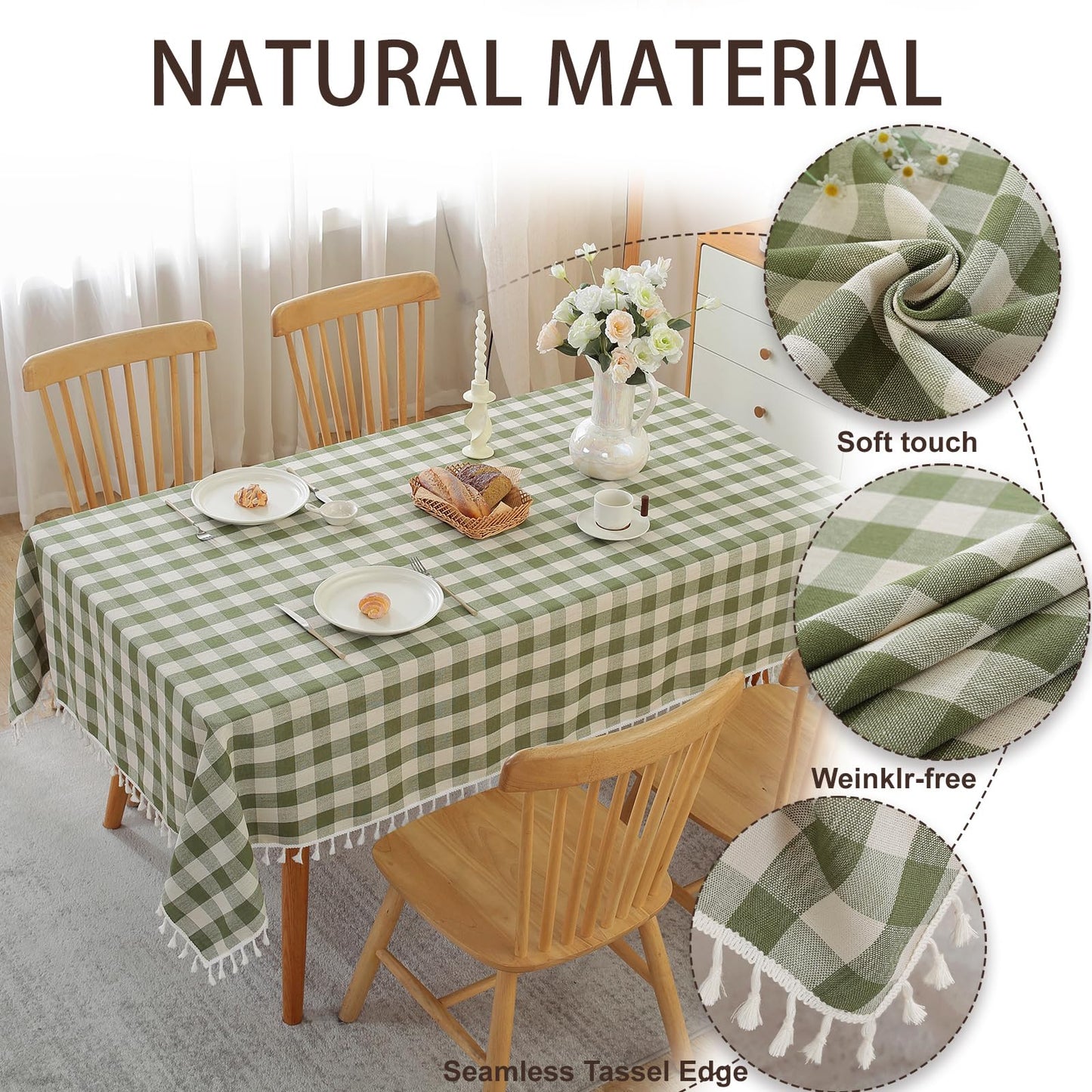 JIALE Spring Gingham Tablecloth Rectangle Cotton Linen Fabric Checkered Table Cloth with Tassel Washable Wrinkle Free Buffalo Plaid Table Cover for Outdoor Party Picnic Kitchen Dining, Green, 55x75
