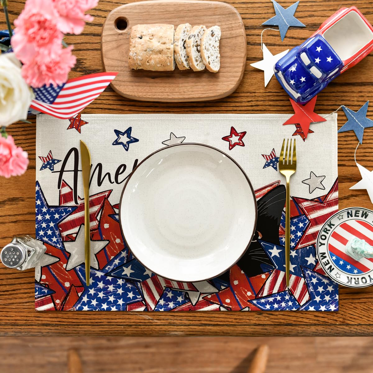Artoid Mode Stars Black Cat Patriotic 4th of July Placemats Set of 4, 12x18 Inch Memorial Day Holiday Table Mats for Party Kitchen Dining Decoration