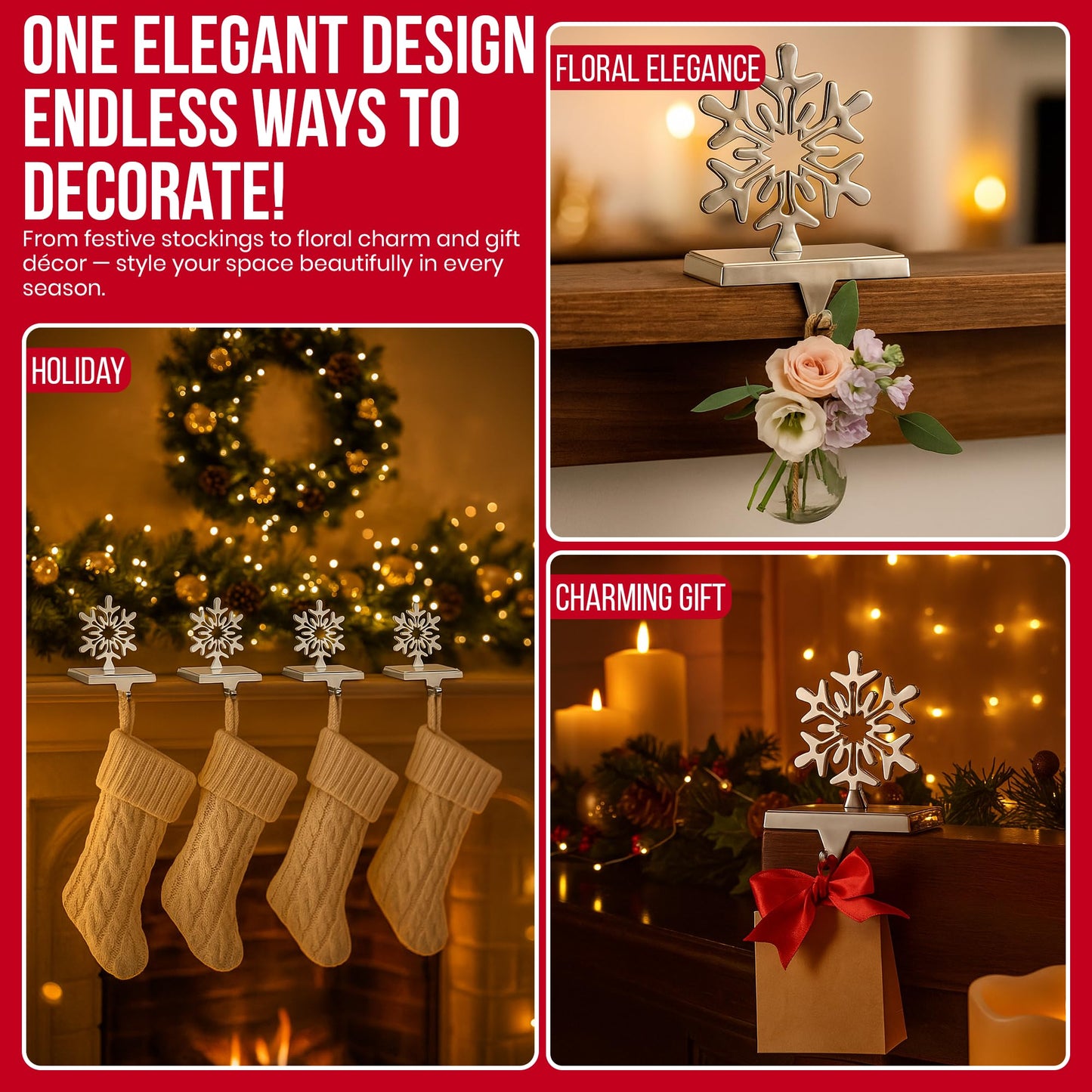 Iconikal 4-Pack Stocking Holders Christmas Chrome Metal Snowflake Weighted for Mantle, Holiday Fireplace Hangers
