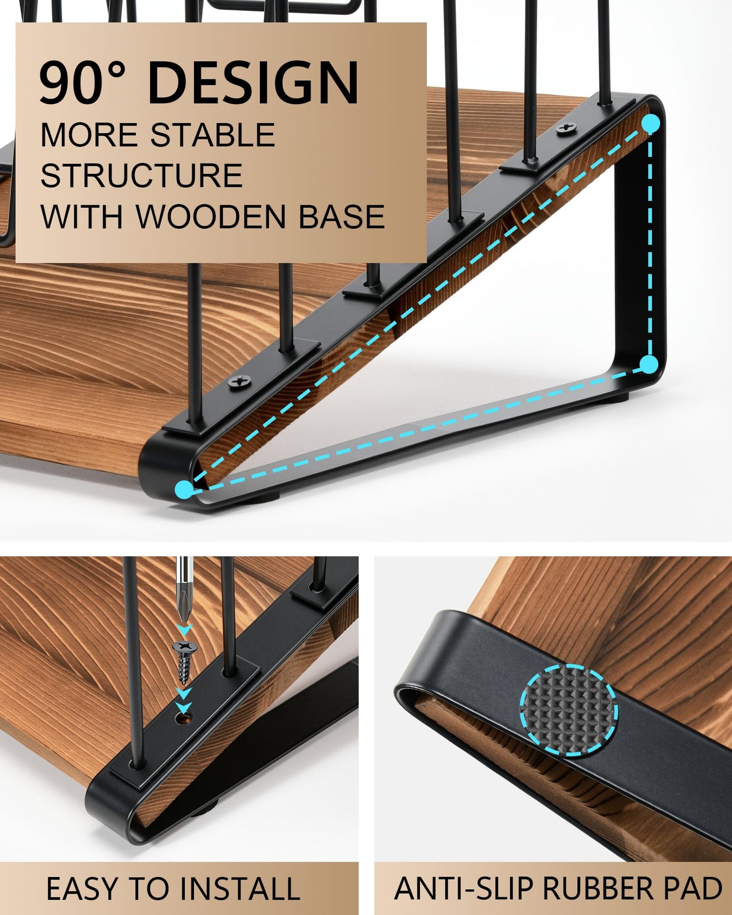 HULISEN Inclined Desk File Organizer, 5-Section Vertical File Folder Holder Stand, Metal File Sorter Rack with Wooden Base, Desktop File Organizer for Office Classroom Home Workspace