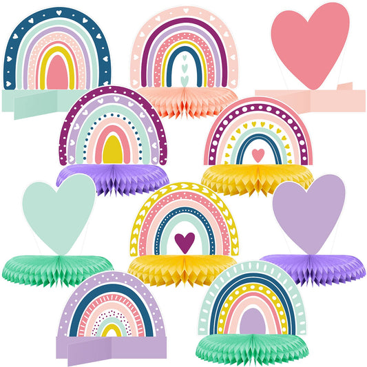 Marspark 10 Pcs Rainbow Honeycomb Centerpiece Rainbow Teamed Easter Birthday Party Table Decoration Supplies Pastel Table Sign Boho Decor Heart Paper Centerpiece for Baby Shower Wedding Decor
