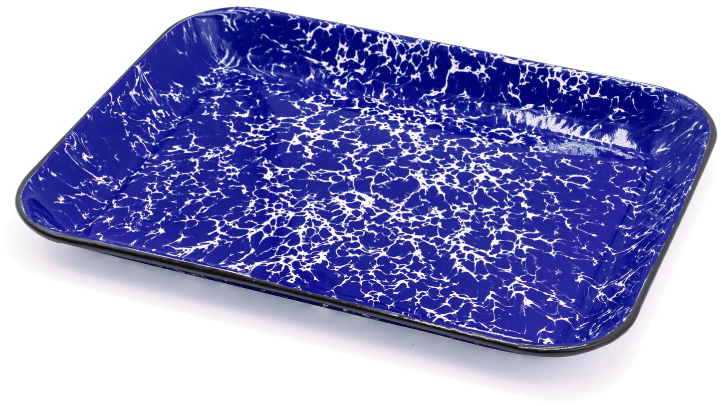 Red Co. 13.5” x 10” Enamelware Metal Classic 1.6-Quart Rectangular Serving Tray, Navy Blue Marble/Black Rim – Splatter Design