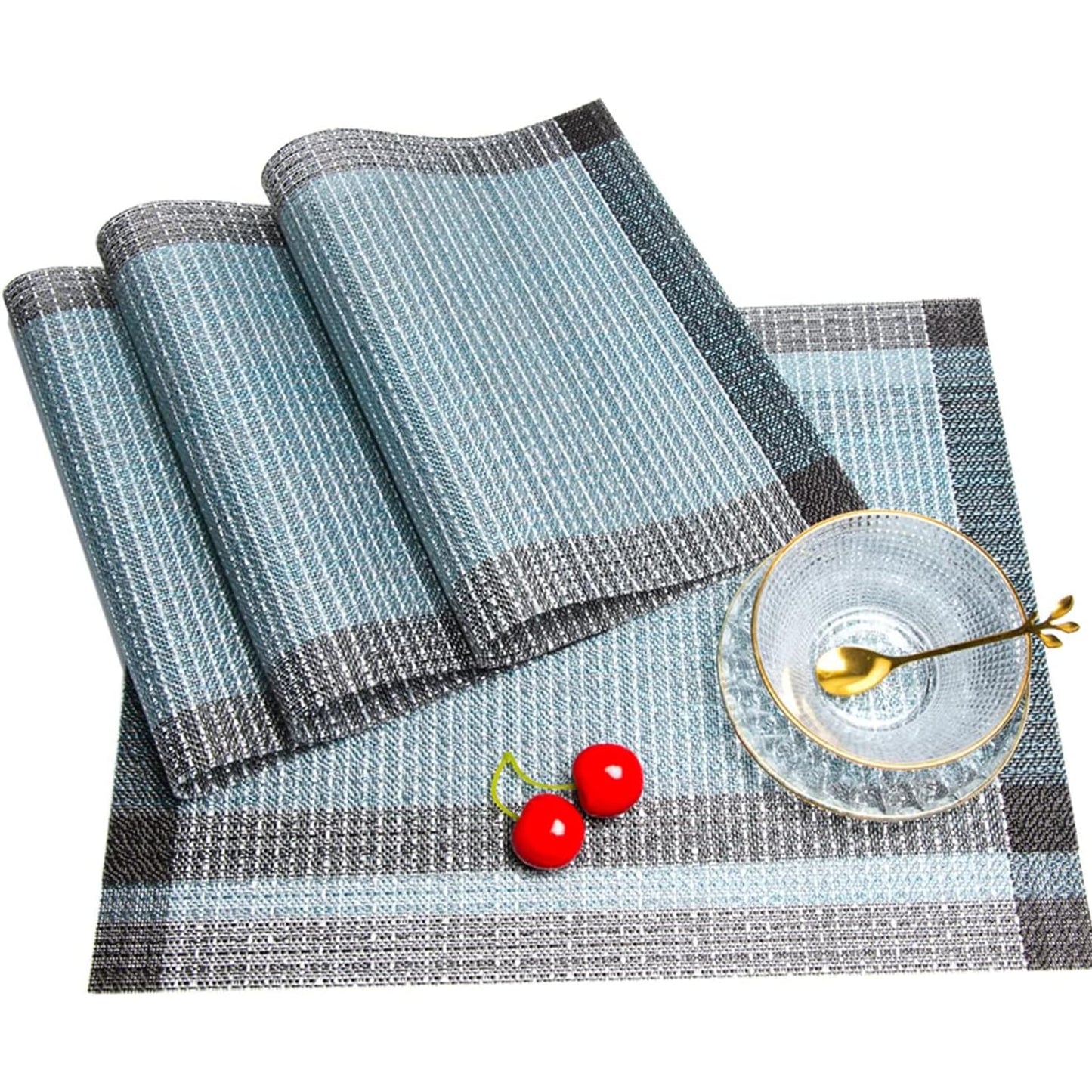 Niviy Blue Grey Ethnic Boho Placemats Set of 4, 12x18 Inch Linen Burlap Washable Durable Art Table Mats for Holiday Party Kitchen Dining Room Decoration