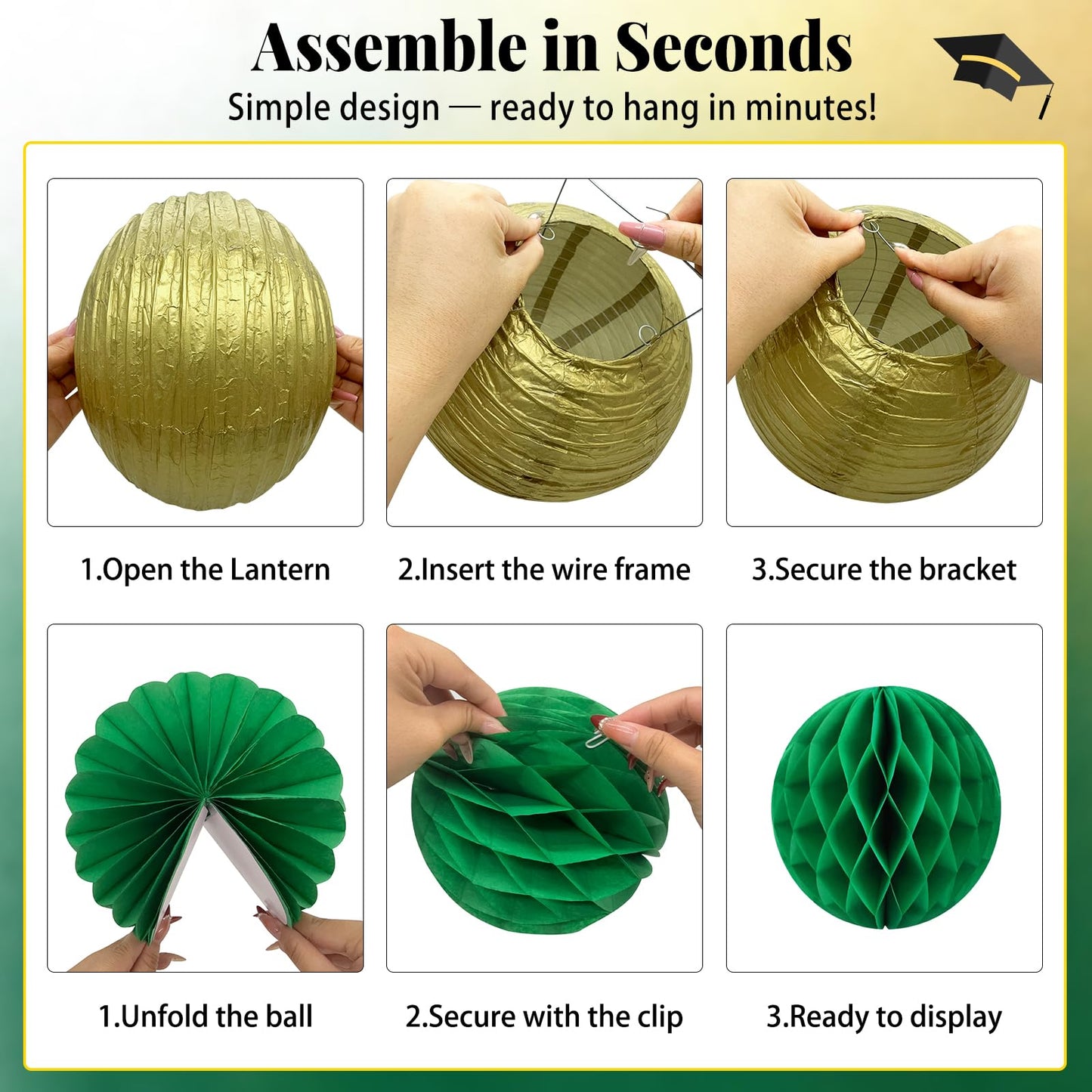 Green and Gold Party Decorations - 16Pcs Hanging Green White and Gold Paper Lanterns & Honeycomb Balls for Graduation Decorations 2026, Birthday, Baby Shower & Wedding Party Supplies