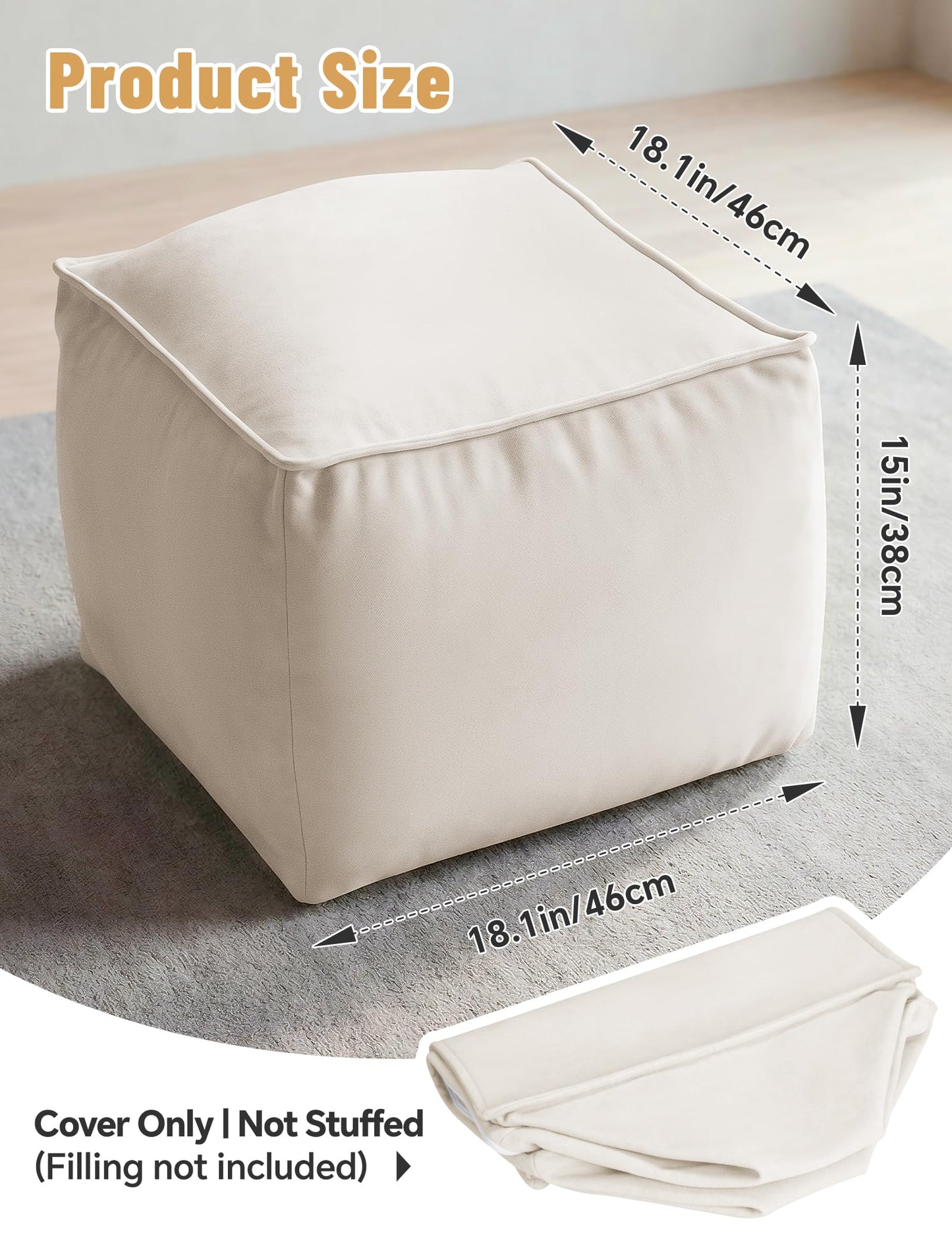 Cat Paw Velvet Ottoman Pouf Cover – Cream White Unstuffed Footrest Seat Cover with Durable Zipper, Washable Floor Cushion Case for Living Room, Bedroom, and Home Decor